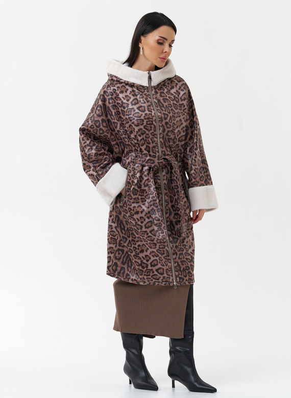 Женская дубленка из эко замши с поясом