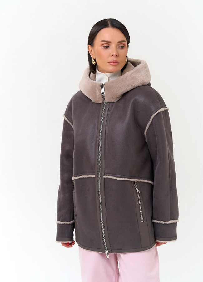 Женская дубленка из эко замши модель № 33893 универмаг малина