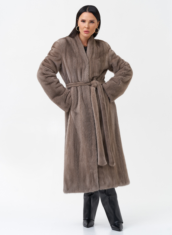 Длинная шуба из норки с поясом