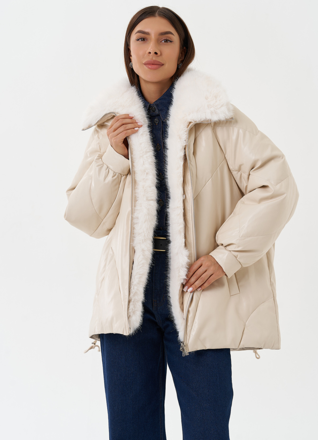 Пуховик из эко кожи с воротником из эко меха модель № 27990 меха малина