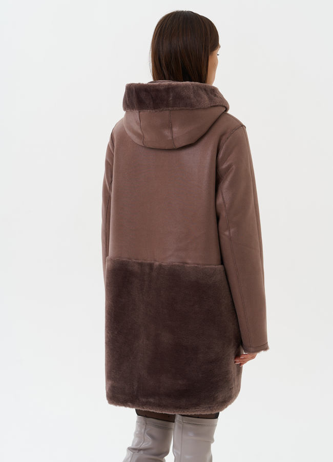 Двухсторонняя дубленка из эко кожи с капюшоном модель № 27763 универмаг малина