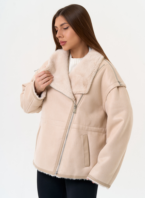 Женская дубленка из эко замши с отложным воротником