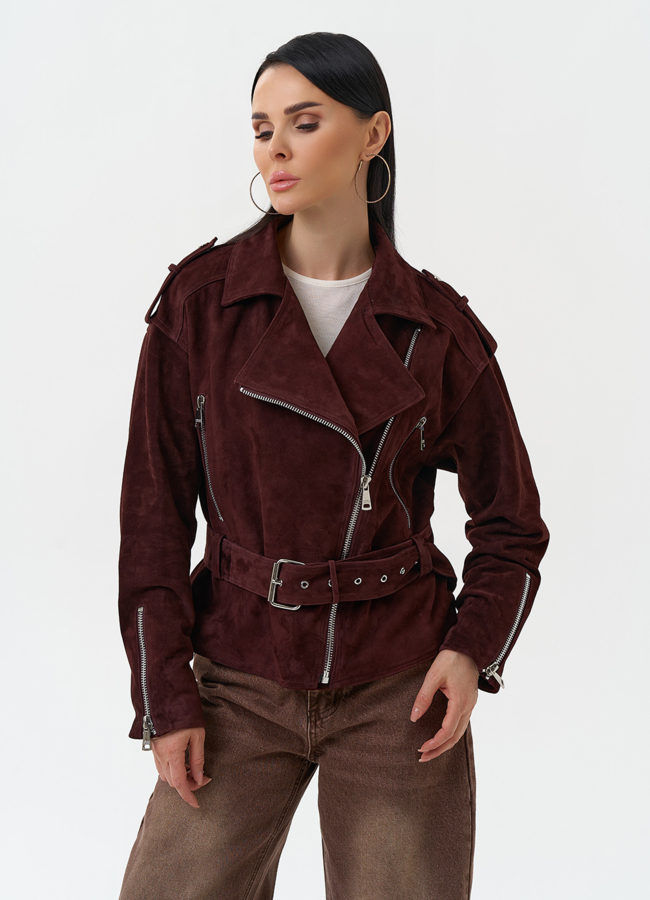 Женская куртка из натуральной замши с поясом модель № 30363 универмаг малина