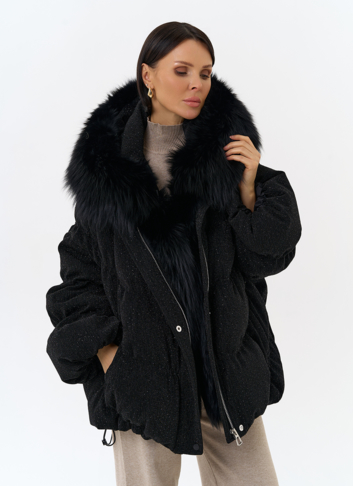 Женский блестящий пуховик с отделкой из меха чернобурки