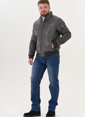 Мужская кожаная куртка "бомбер" с капюшоном