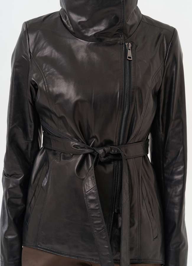 Удлиненная куртка из натуральной кожи с поясом модель № 10703 универмаг малина