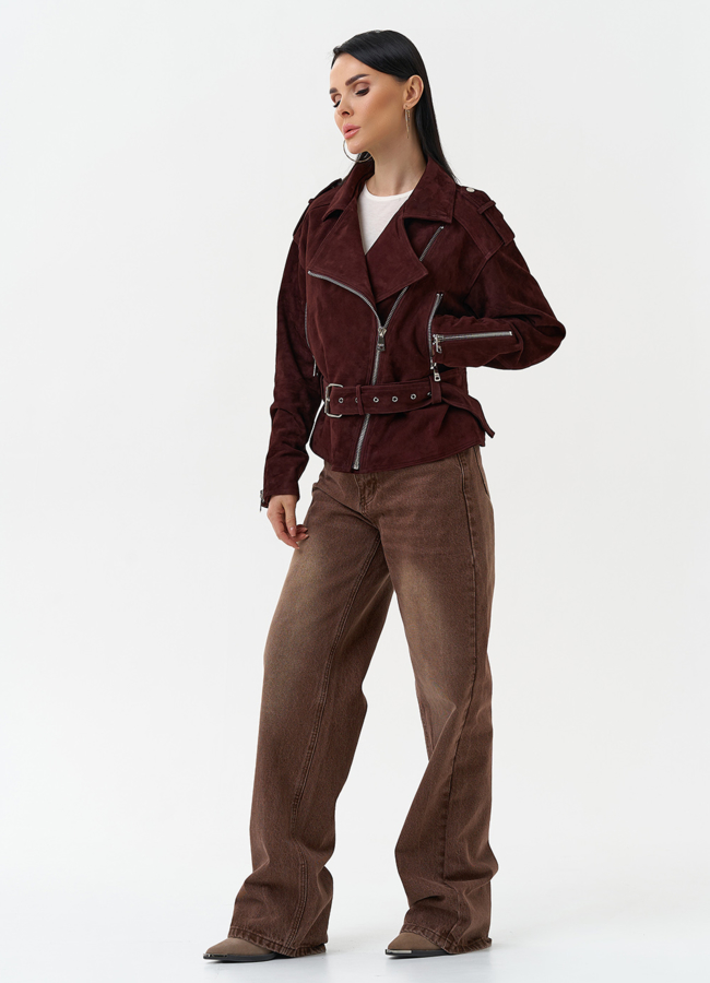 фото Женская куртка из натуральной замши с поясом модель № 30363