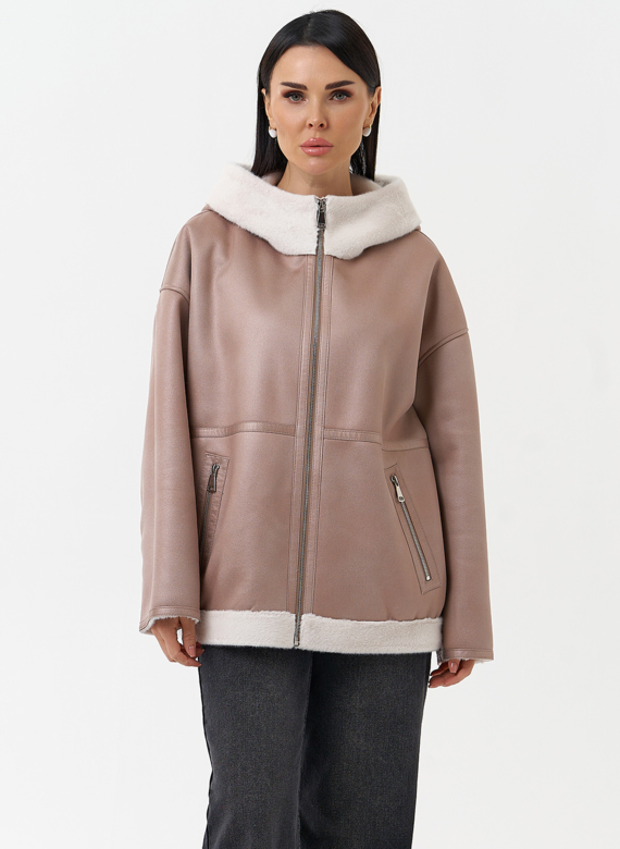 Женская дубленка из эко замши с капюшоном