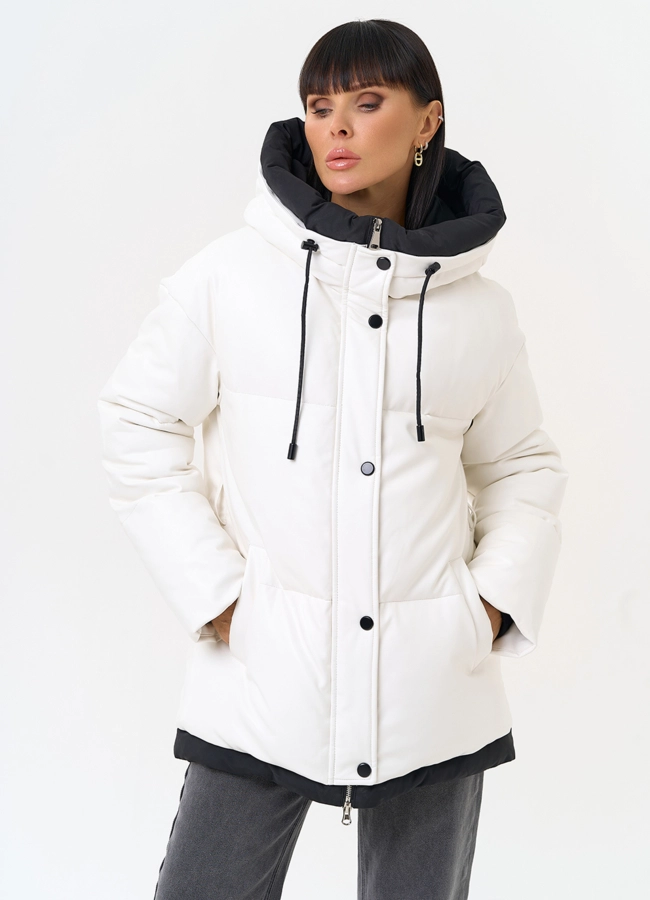 Белый пуховик из эко кожи с поясом модель № 30727 универмаг малина