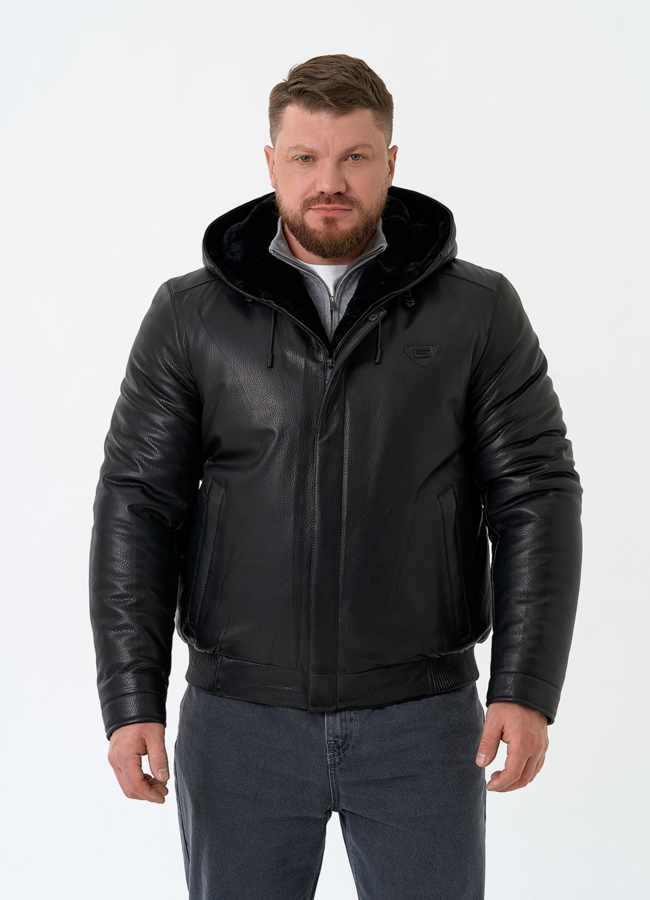 Мужской пуховик из натуральной кожи с капюшоном модель № 32051 меха малина