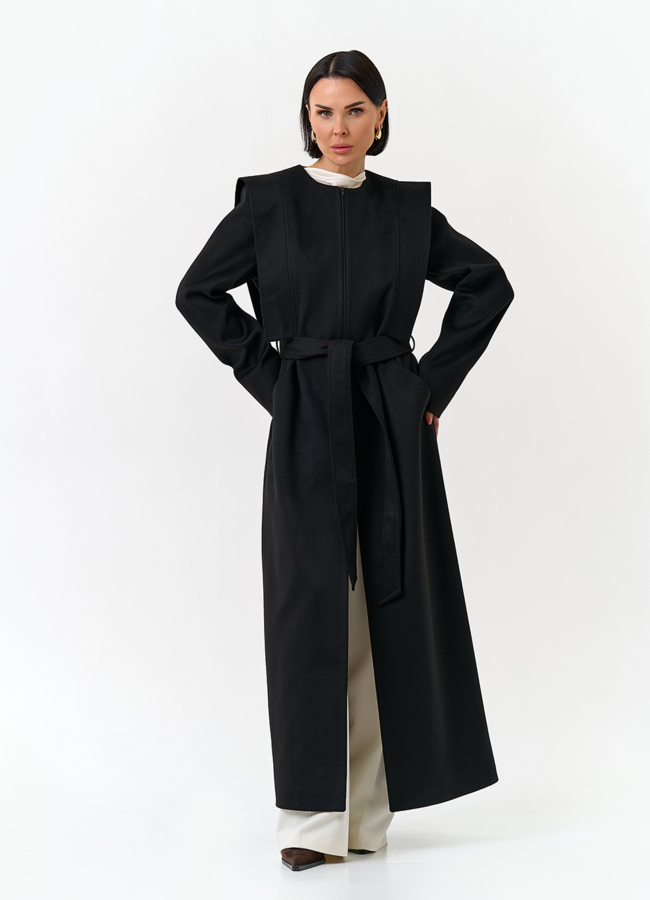 Женское длинное пальто с акцентными плечами модель № 32856 меха малина