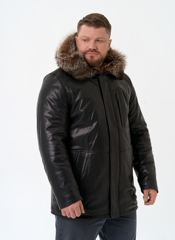 Мужская натуральная дубленка на волке с отделкой из меха енота