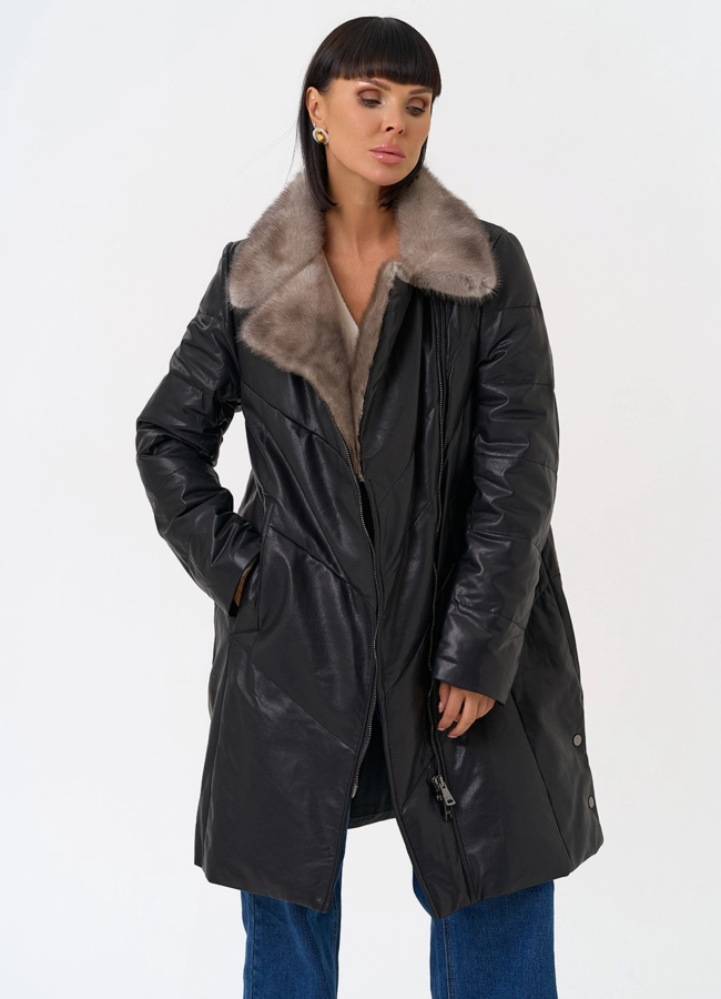 Пуховик из натуральной кожи с воротником из меха норки модель № 31566 универмаг малина