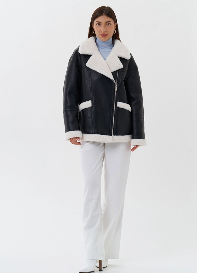Дубленка из эко кожи черного цвета с черным эко мехом модель № 27693 в кредит