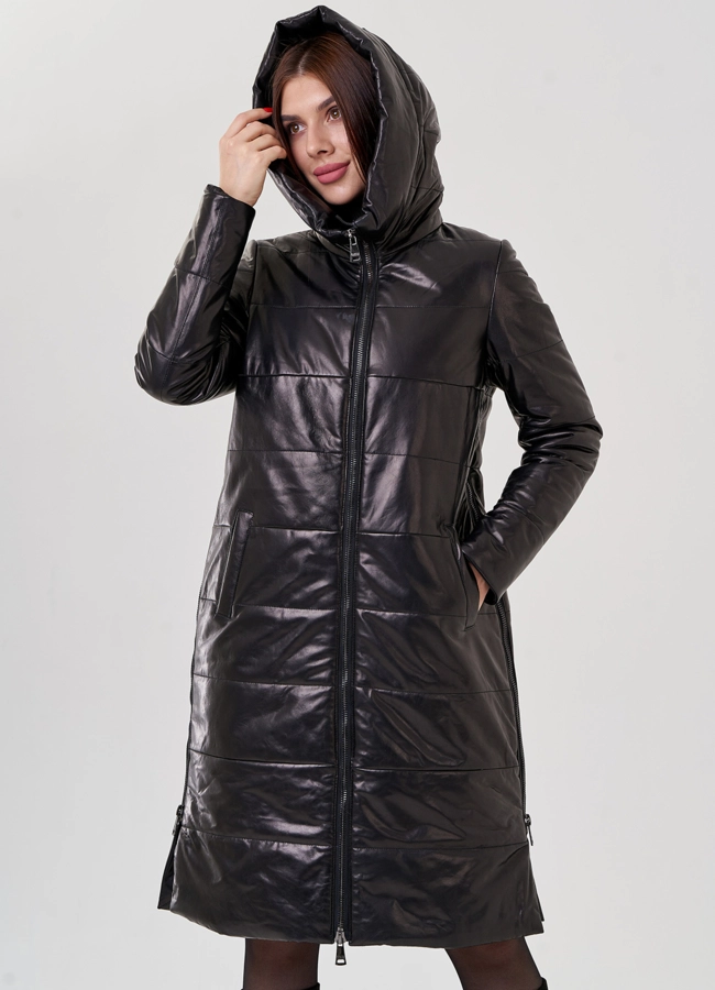Женский пуховик из натуральной кожи с капюшоном  модель № 18231 универмаг малина