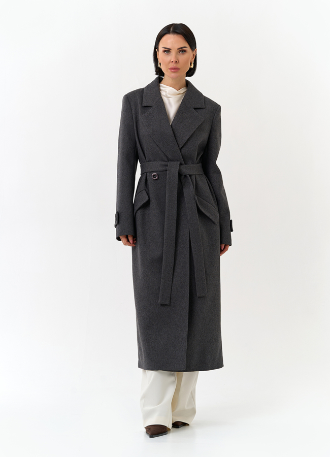 Женское длинное пальто с поясом модель № 32813 в кредит