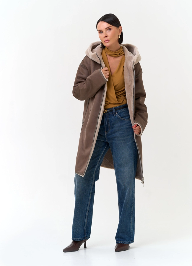 Женская дубленка из эко замши модель № 34113 универмаг малина