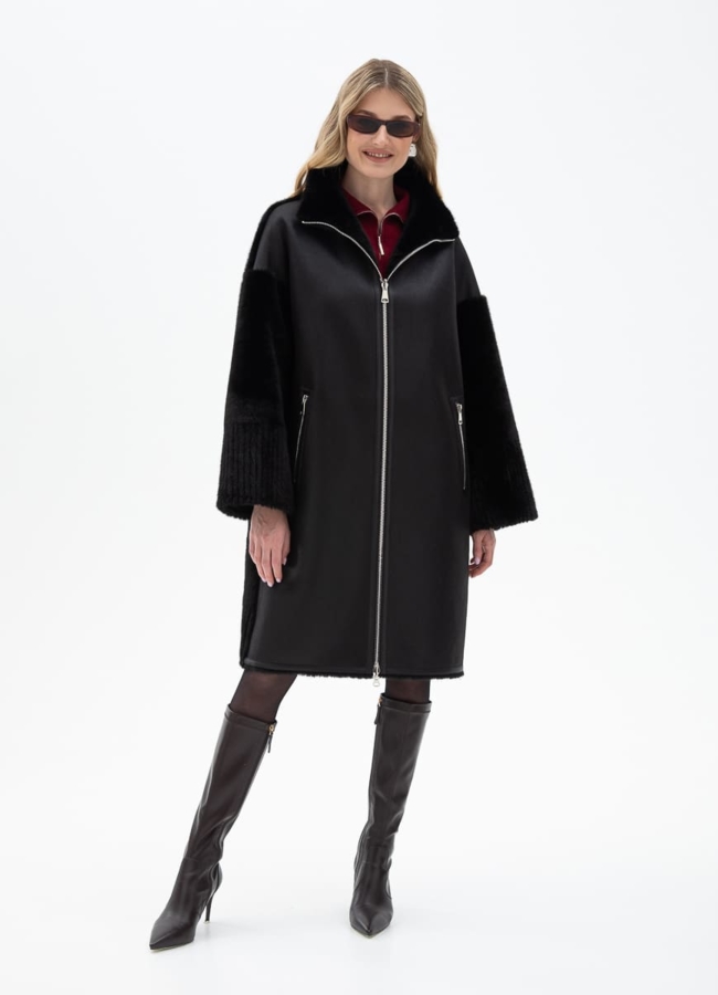 Женская двухсторонняя дубленка из эко кожи с воротником стойкой модель № 32027 универмаг малина