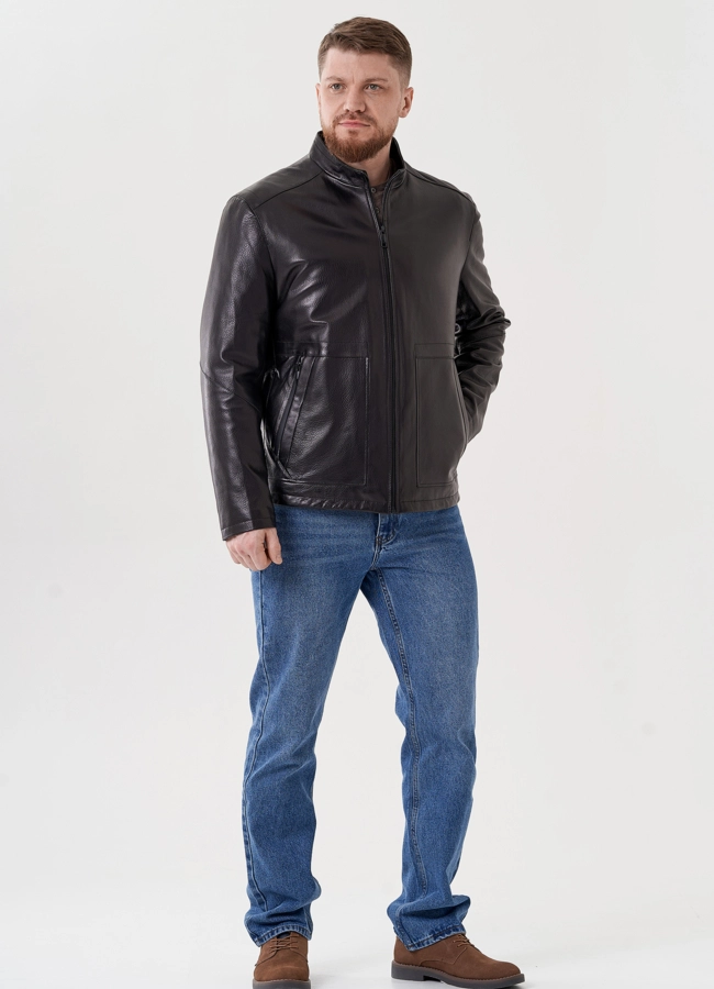 Мужская кожаная куртка  модель № 24436 меха малина