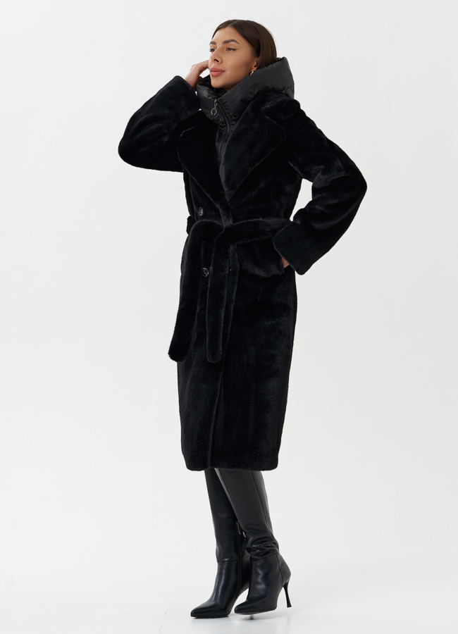 Женское пальто из экомеха с капюшоном модель № 28641 универмаг малина