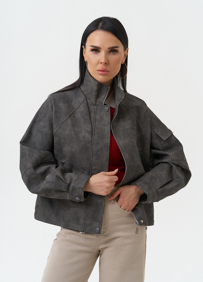 Куртка бомбер из эко кожи с воротником стойкой модель № 30337 меха малина