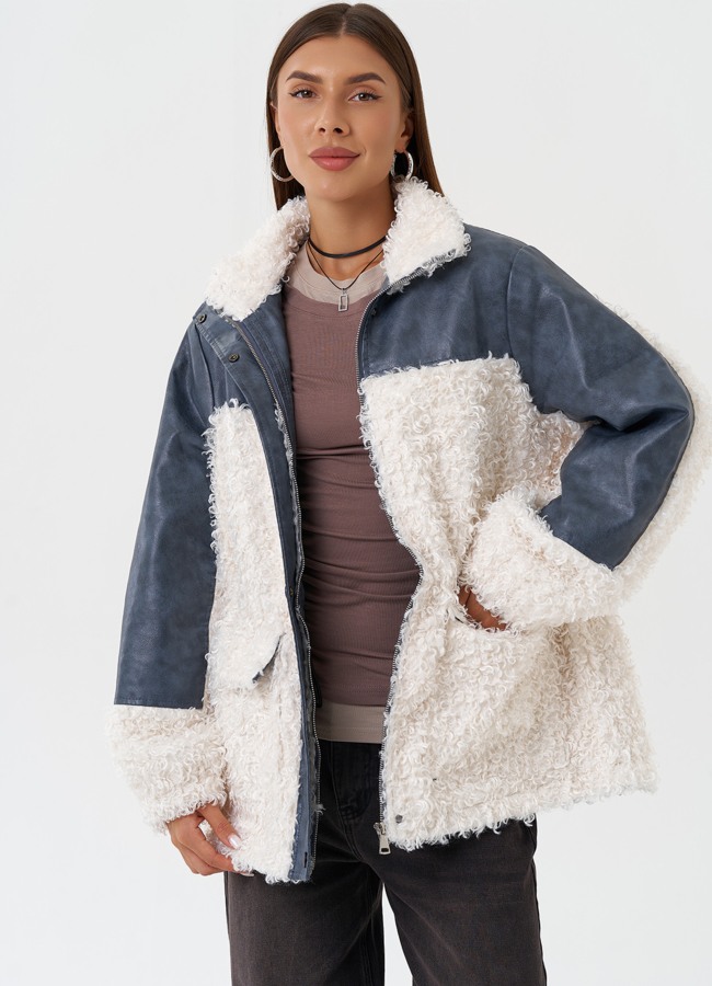 Жакет синего цвета с эко мехом модель № 27122 универмаг малина