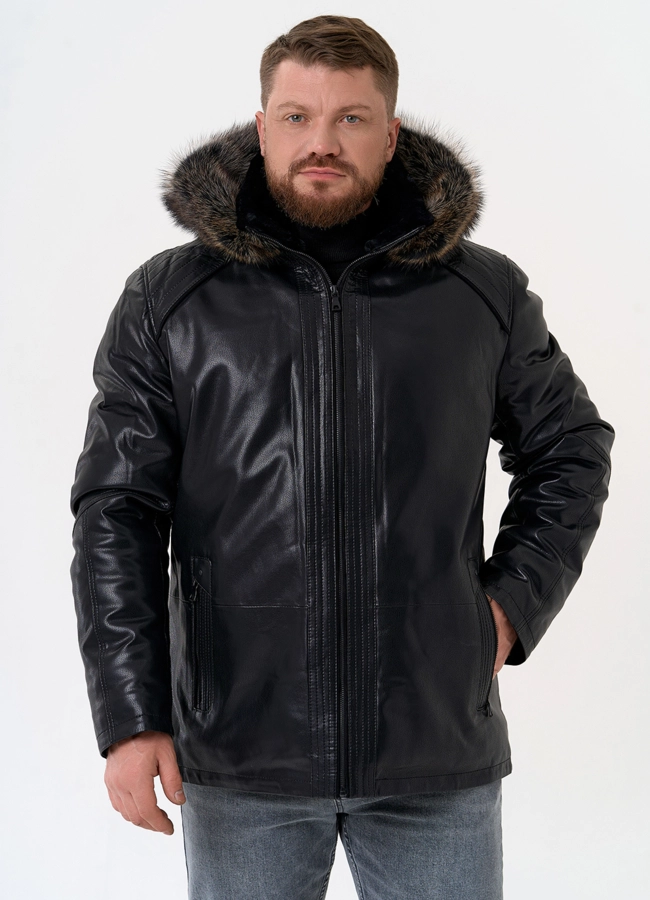 Пуховик из эко кожи с капюшоном из меха енота модель № 31719 в рассрочку