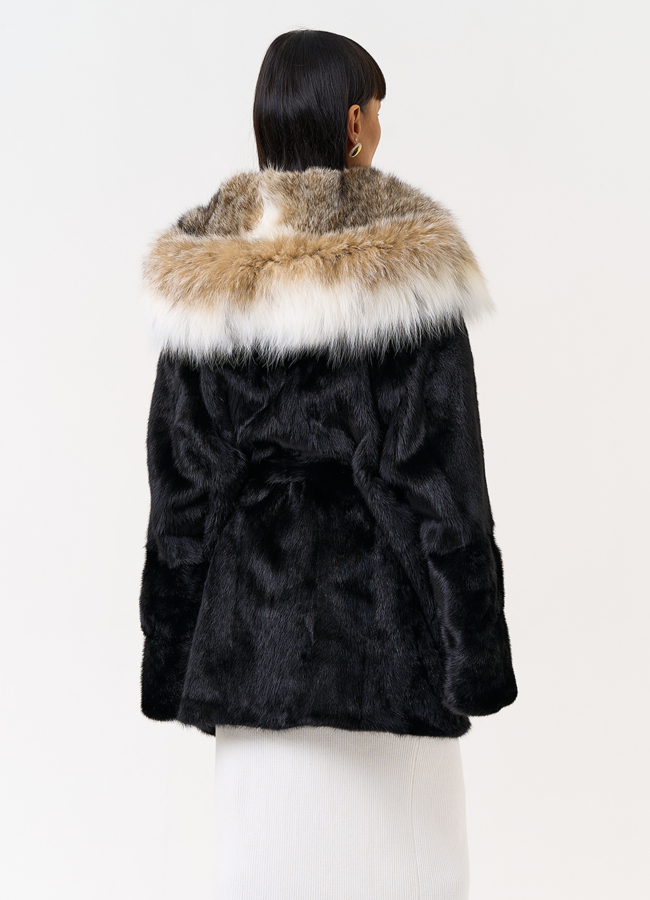 Женская шуба из меха норки с капюшоном из меха рыси модель № 31376 универмаг малина