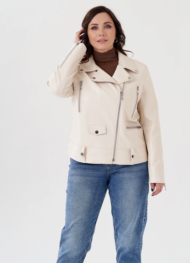 Светлая куртка косуха из эко кожи модель № 24218 меха малина