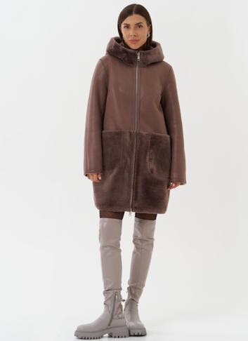 Двухсторонняя дубленка из эко кожи с капюшоном