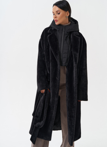 Женское ворсовое пальто с капюшоном