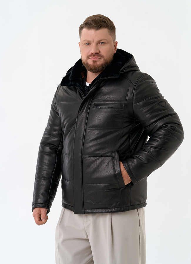Мужской пуховик из натуральной кожи с капюшоном модель № 32048 универмаг малина