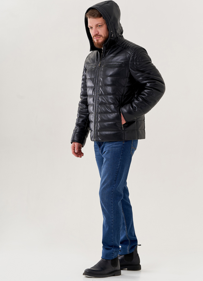 Мужская куртка из эко кожи с капюшоном  модель № 79604 в кредит