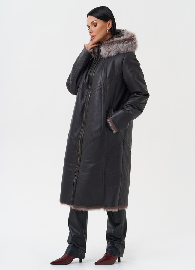 фото Дубленка с отделкой из тосканы с капюшоном модель № 28698