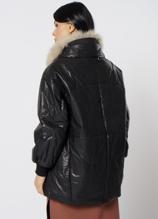 Утепленная кожаная куртка с песцом модель № 21796 в кредит