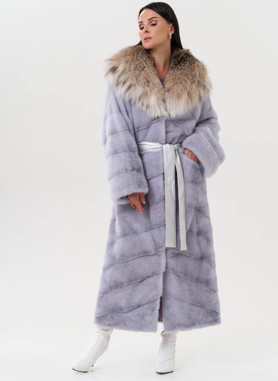 Женская норковая шуба с капюшоном из меха рыси