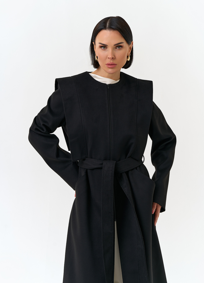 Женское длинное пальто с акцентными плечами модель № 32856 универмаг малина