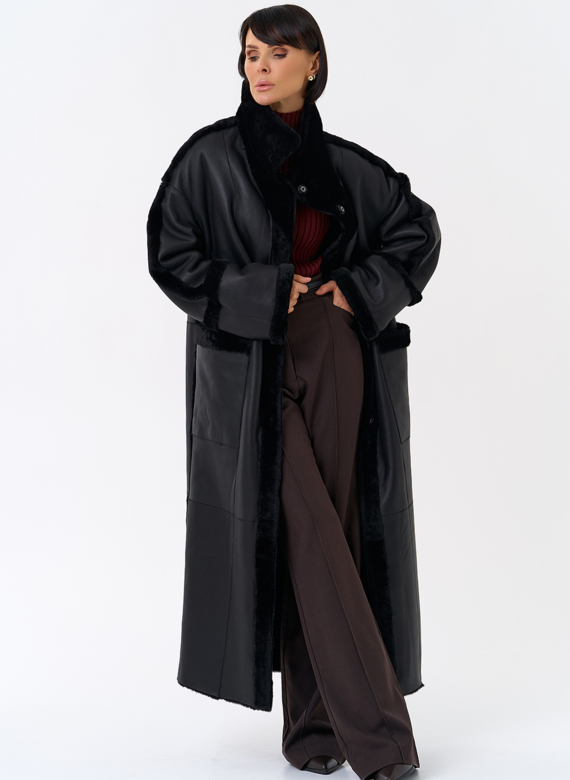 Женская двухсторонняя дубленка с воротником стойкой