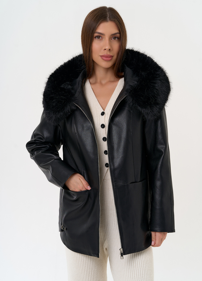 Женская утепленная куртка из эко кожи с капюшоном из эко меха модель № 31495 универмаг малина