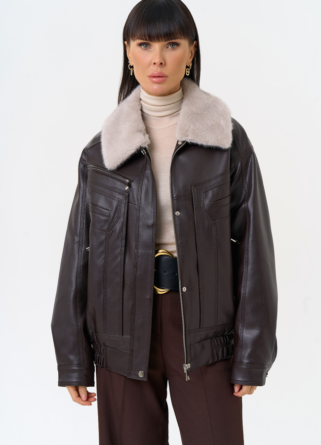 фото Женская утепленная куртка из эко кожи с воротником из эко меха модель № 30701